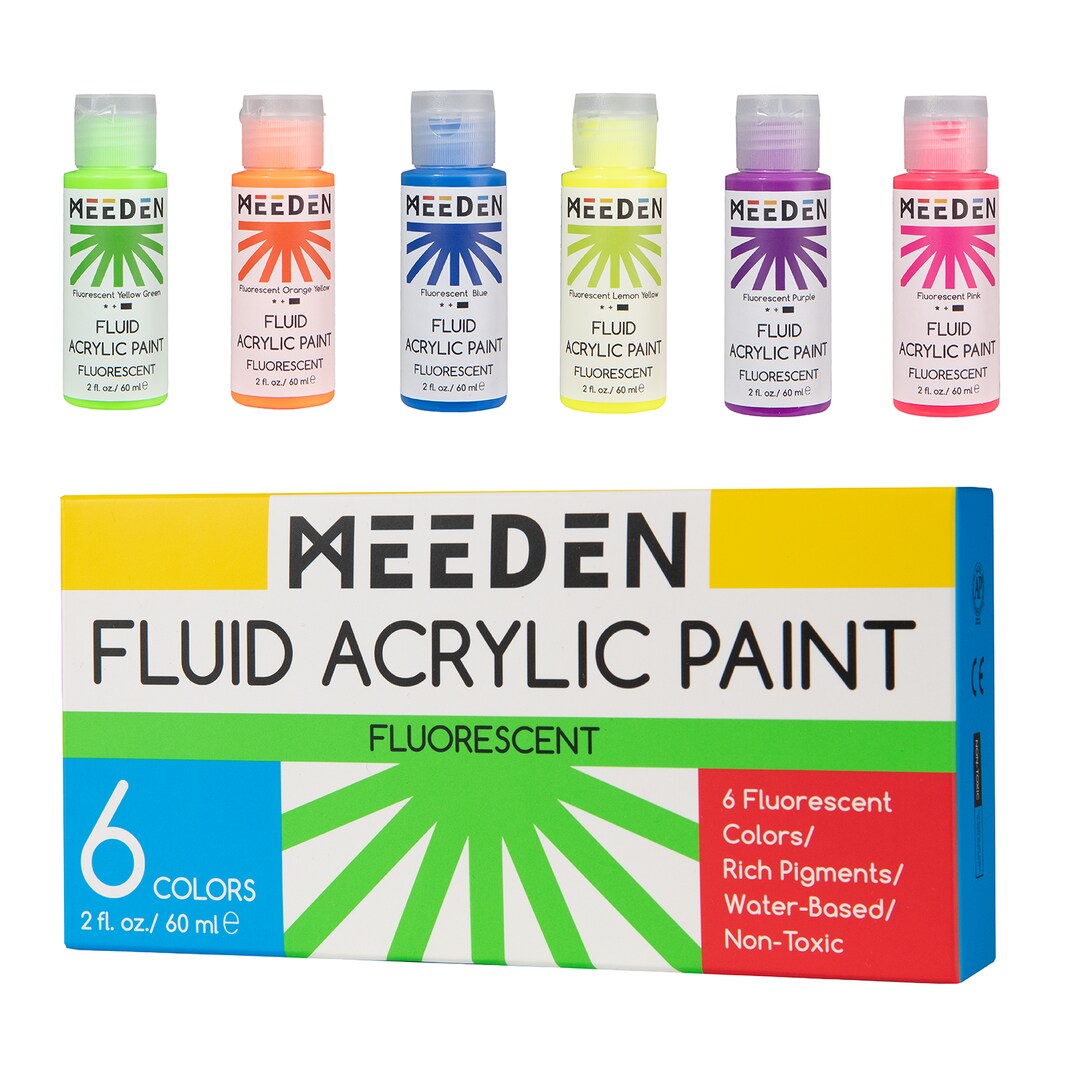 MEEDEN Fluorescent Acrylic Paint Set, 6 High Flow Colors (2 oz, 60 ml), Neon Fluid Acrylic, Glow in the Dark Paints for Canvas Painting